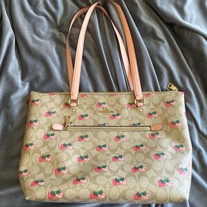 Coach Tan Signature Strawberry Print Tote with Pink Leather Straps